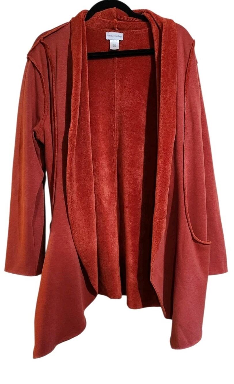 Soft Surroundings Open Front Cardigan Sweater XL Burnt Orange Terry Cloth Pocket